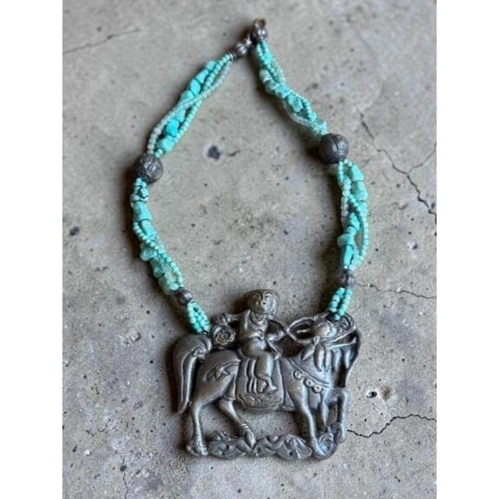 Vintage Chinese Boy on Kylin Mythical Beast‎ Pendant Necklace Silver Tone Asian